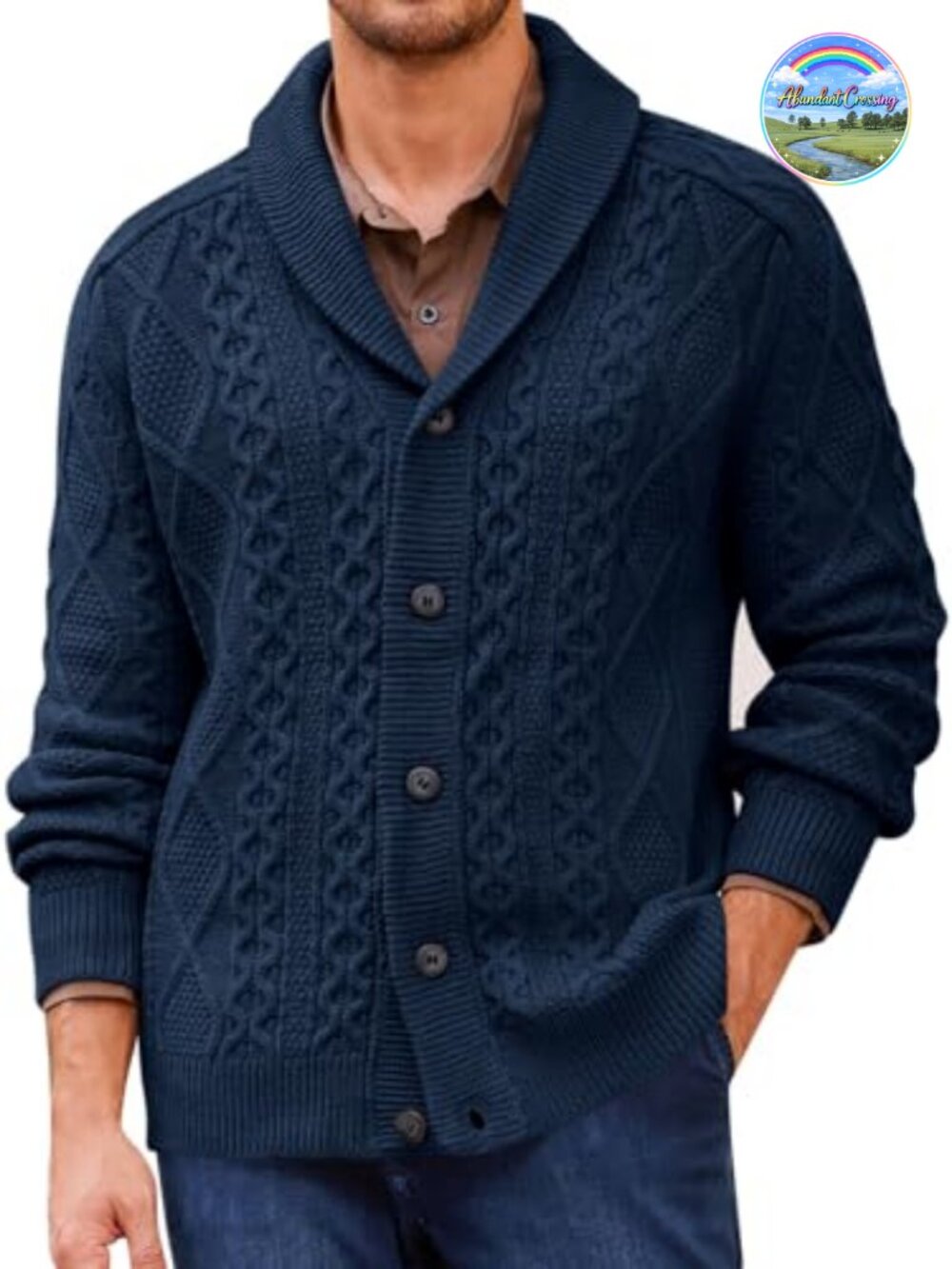 Men's Cable Knit Shawl Collar Cardigan Sweater Button Up Long Sleeve Chunky